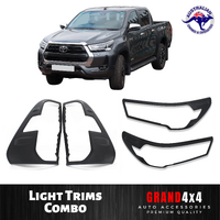 Front + Rear Light Covers Trim Matte Black for Toyota Hilux 2020 - 2024